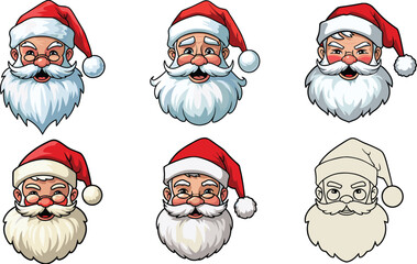 Santa Claus face illustration set, cartoon Santa heads, festive Santa expressions clipart bundle, Christmas Santa portraits vector collection.