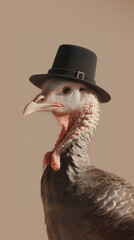 Portrait of turkey wearing felt pilgrim hat on beige background. Minimal thanksgiving concept