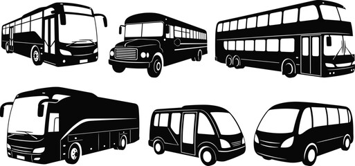 Set of bus vector illustrations featuring city bus, school bus, double decker, coach, shuttle minibus, and modern passenger transport vehicles.