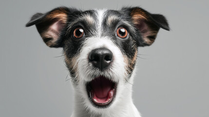 Surprised dog studio portrait with mouth open and wide eyes