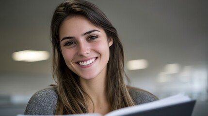 Joyful student reading in modern library education environment portrait bright atmosphere inspirational learning concept