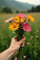 A hand holds a bunch of wildflowers, earthy tones, minimal design , plant, earthy