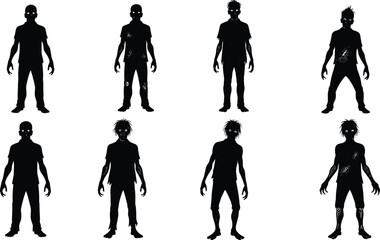 Set of zombie vector silhouettes featuring scary undead figures, horror poses, creepy walking stances, Halloween monsters, and apocalyptic creatures.