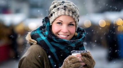 Enjoying hot cocoa in winter wonderland christmas market lifestyle portrait snowy atmosphere warm smiles