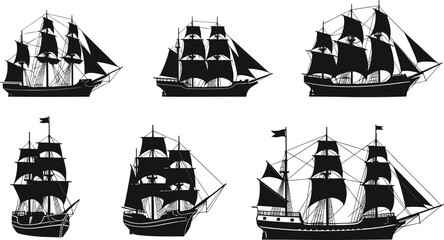Silhouettes of classic tall ships and galleons with sails and rigging, ideal for nautical, maritime, history, and adventure themes. © Musa's Word