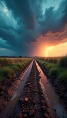 A muddy dirt road disappears into a thunderous sky , rough, landscape photography