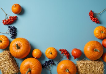 Farmhouse style flat lay with pumpkins hay and berries on blue background