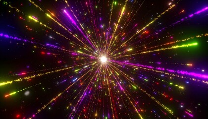 Naklejka premium Bright Colorful Particle Starburst Explosion on Black Background 黒背景に光るカラフルな粒子が放射状に爆発 イラスト