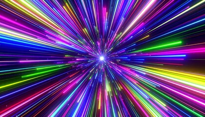 Fototapeta premium Vibrant Colorful Light Streaks Warp Tunnel Abstract Party Background 鮮やかな多色の光の筋のワープトンネル