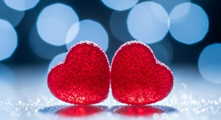 Two red heart shaped candies on a shiny surface with blurred blue background
