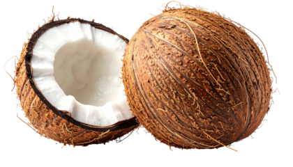 Two coconuts are shown, one cut open, revealing its white interior, while the other remains whole; these brown-hued tropical fruits rest against a solid black background; a  shot reveals details of...