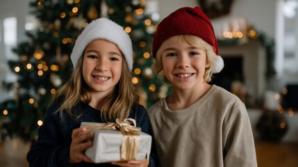 Holiday celebration kids with christmas gifts cozy home family moment festive atmosphere joyful spirits