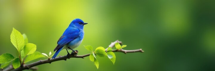 Azure bluebird perched on a slender, leaf-laden branch , habitat, park