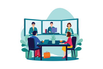 Online Conference Meeting Illustration People at Desk with Laptops and Blue Accents Teleconference Setup on White Background with Transparent Backdrop