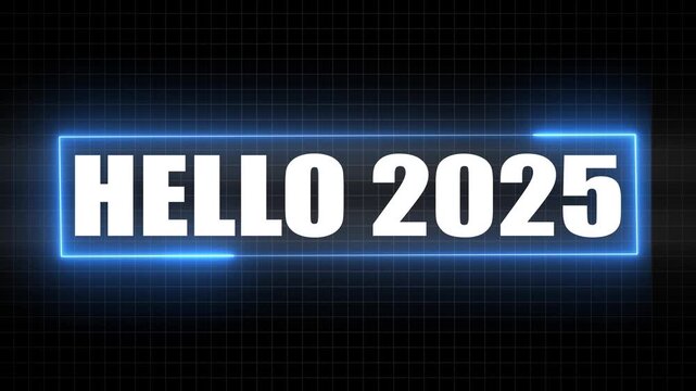 HELO 2025 text inside a glowing blue neon rectangle on a dark grid background hello new year
