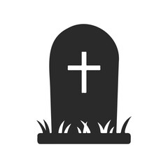 Obraz premium Simple black tombstone icon with cross and grass on white background