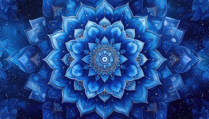 Abstract Cobalt Blue Kaleidoscope Pattern with Intricate Floral Design and Sparkling Accents on a Textured Background for Art and Design