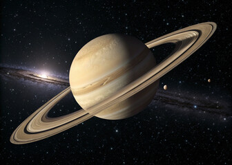 A rendered view of saturn with its rings and moons against a backdrop of stars and a distant galaxy