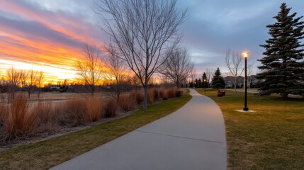 Scenic sunset walkway local park outdoor photography tranquil environment landscape view nature's serenity