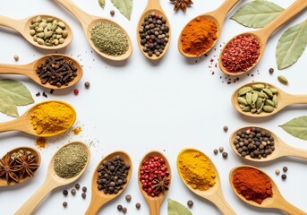 Flat lay of spice spoons with empty center for text overlay on dark surface