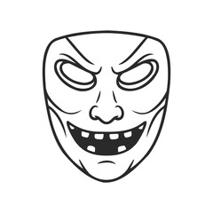 Monochrome illustration of a grinning mask with hollow eyes