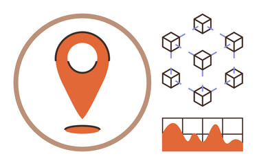 Orange location pin, blockchain cubes network, and data chart visualizing digital connectivity. Ideal for logistics, blockchain, data science, technology, business analysis, global tracking