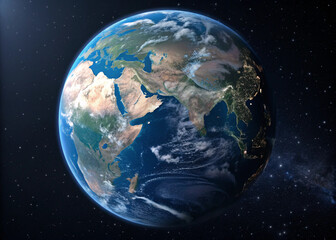 A view of planet earth from space showing asia africa and the middle east with visible city lights