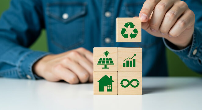 Sustainability and eco-friendly concept with wooden blocks showing recycling, solar energy, green home, infinity symbol, and growth chart for renewable energy and environmental protection