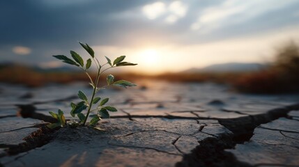 Resilient green plant emerging from cracked dry soil at sunset nature scene serene landscape hopeful growth