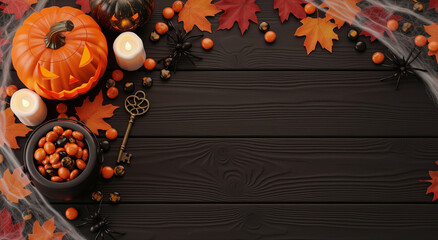 Halloween themed setup with pumpkins, spiders, keys, leaves, candles, and candy on a wooden table. Perfect for festive autumn designs.