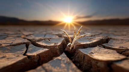 Resilience in nature a single grass sprout emerges from parched earth at sunrise capturing hope and renewal