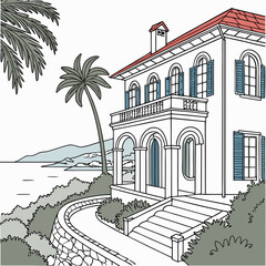 A charming hand drawn illustration of a beautiful villa with a red tiled roof and blue shutters overlooking a serene ocean with distant hills and lush palm trees