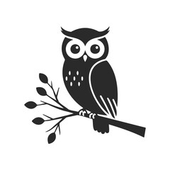 Black silhouette of owl on branch with leaves on white background