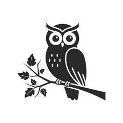 Silhouette of owl perched on branch with leaves in black and white design