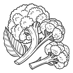 A detailed black and white line drawing illustration of fresh cauliflower and broccoli florets with a large leaf on a white background