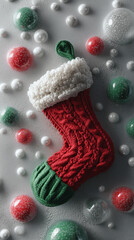 Red wool christmas sock among plastic beads. Creative Xmas wallpaper concept