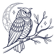 Artistic line drawing of an elegant owl perched on a branch under a decorative crescent moon with stars and leaves