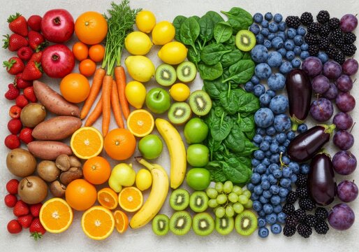 Fruits and vegetables arranged by phytonutrient groups in rainbow gradient