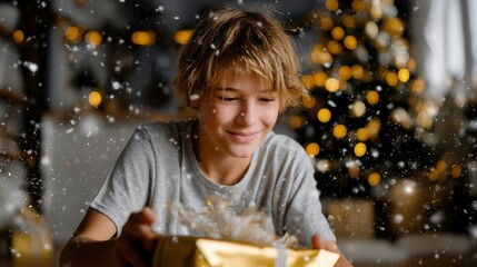 Exciting christmas gift unwrapping cozy home holiday celebration festive atmosphere close-up joyful anticipation