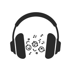 Large headphones surrounding symbols of joyful faces and music notes