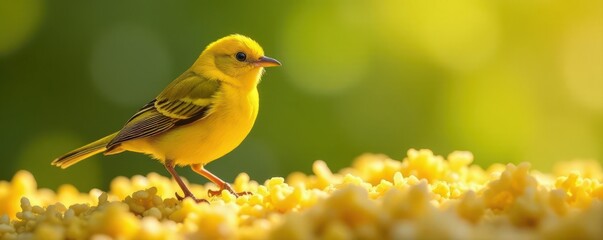 Bright yellow Sicalis flaveola enjoys rice breakfast, warm spring light , Venezuela, small bird, wild