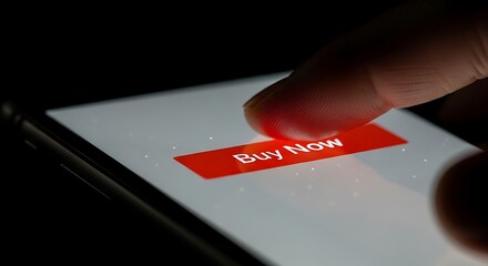 Finger Tapping Red "Buy Now" Button on Smartphone Screen for Online Shopping and E-commerce Transaction