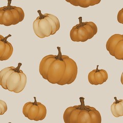 Boho autumn pumpkins, hand draw cartoon halloween background, October seamless pattern