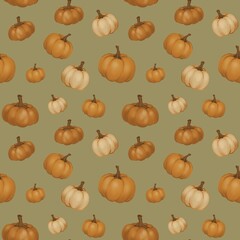 Boho autumn pumpkins, hand draw cartoon halloween background, October seamless pattern