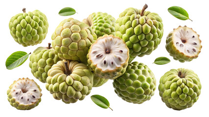 Fototapeta premium A vibrant collection of ripe custard apples and fresh green leaves scattered on a dark surface isolated on transparent background