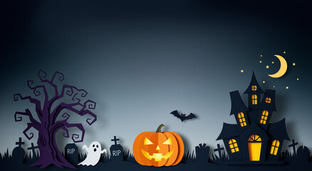 Halloween scene featuring ghosts, pumpkins, and a haunted house. Ideal for spooky themed decorations, invitations, or social media posts.