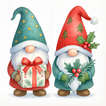 Watercolor Christmas gnomes illustration, festive Scandinavian tomte characters with gift box, red ribbon, holly and evergreen sprig, cute winter holiday clipart isolated on white, Nordic decor