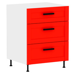 3d render kitchen cabinet red drawers furniture with transparent background