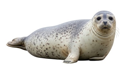 Spotted Seal Lying Down on White Background animal