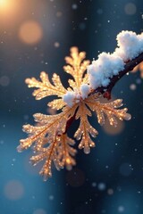 Close-up of glistening gold-tinted snowflakes on a branch , ice, shimmer